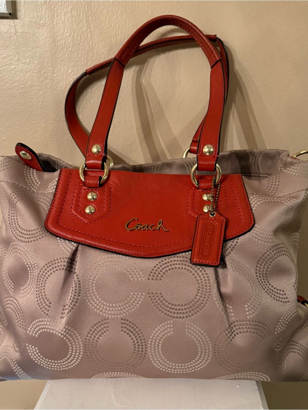 Coach Ashley Dotted Op Art Beige/Orange Carryall Satchel F20027 EUC! MSRP $398